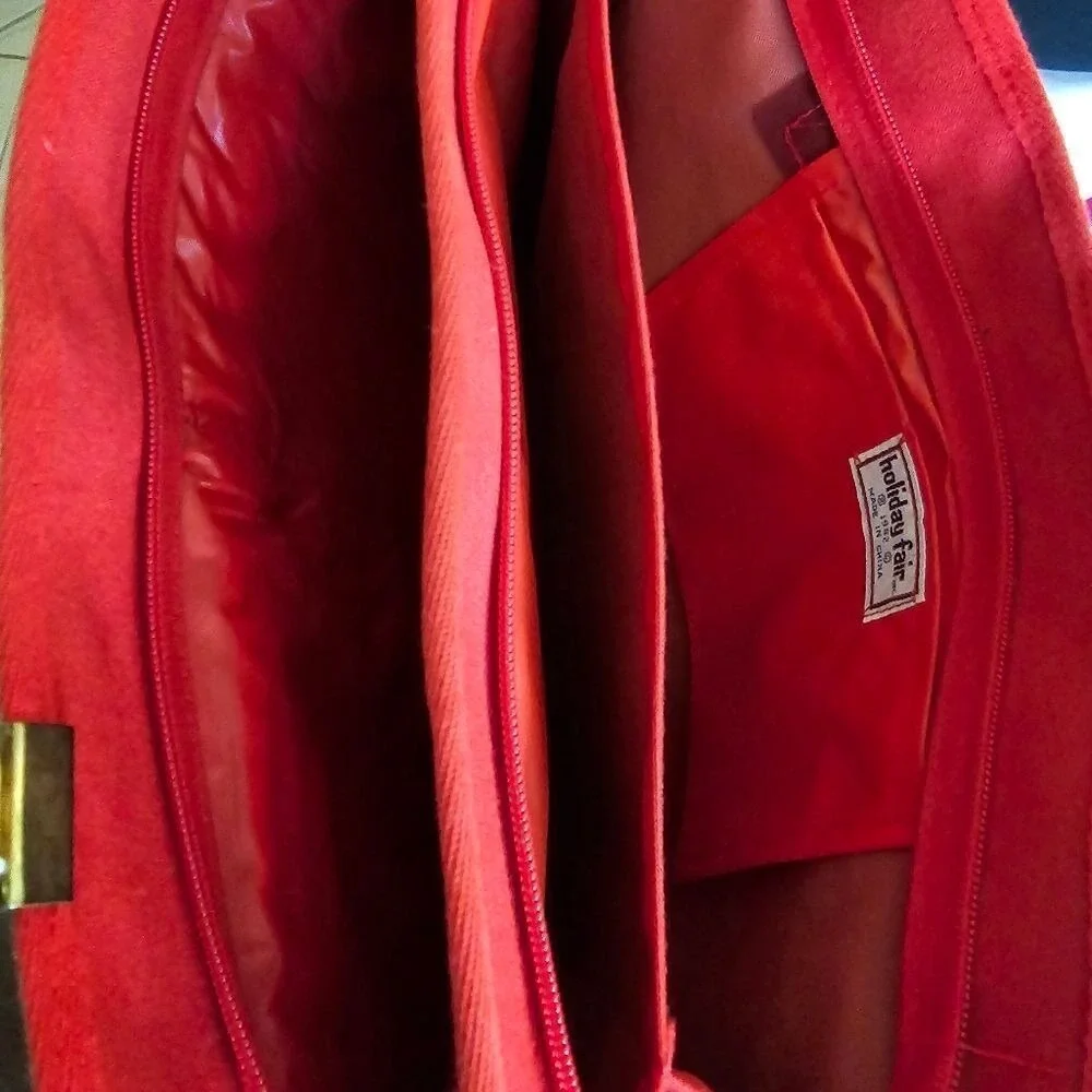 Holiday Fair  Red Canvas Briefcase Genuine‎ Leather Trim Vintage
